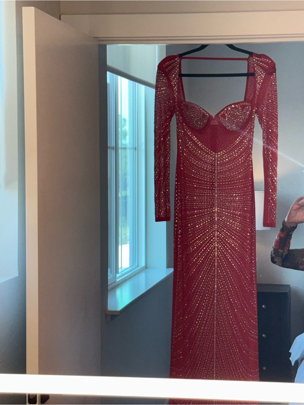 Macy's Red Long Sleeve Sequin Mesh Gown with Sculpted Bust - Picture 12 of 13